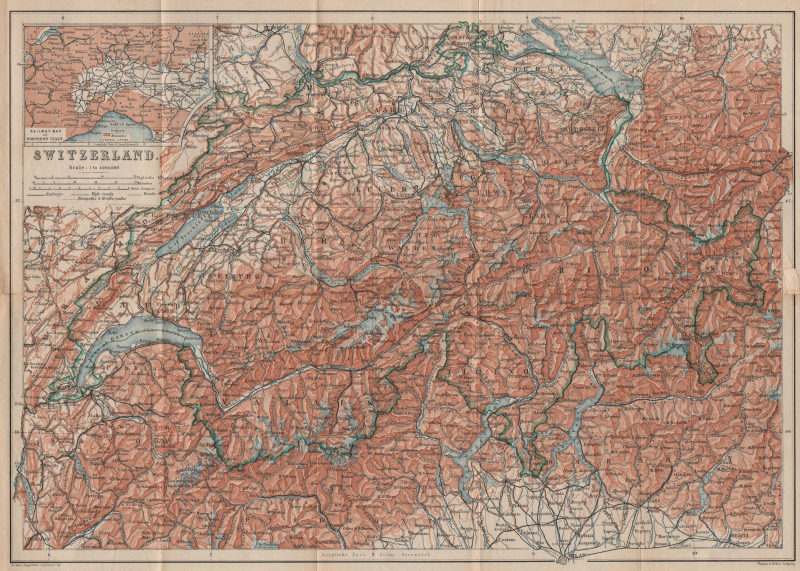 Map of Switzerland Suisse Schweiz. Northern Italy railways carte karte 1893